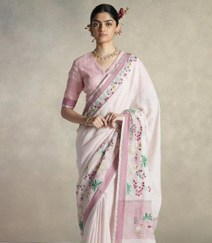 Dusty rose linen cotton designer printed saree