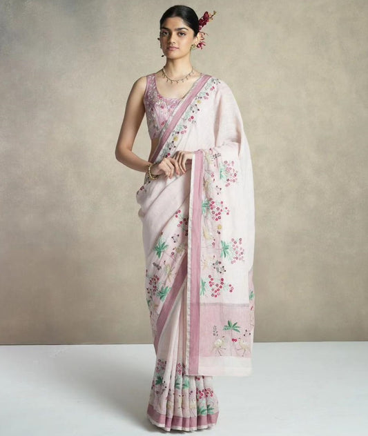 Dusty rose linen cotton designer printed saree