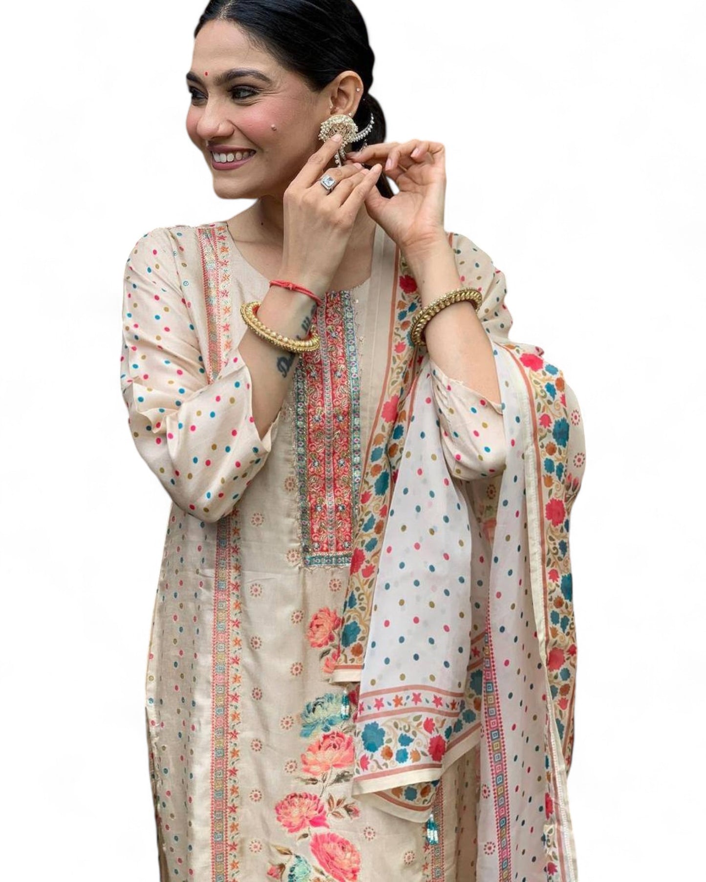 Elegant Multi-Print Satin Kurti Set with Heavy Stone Work