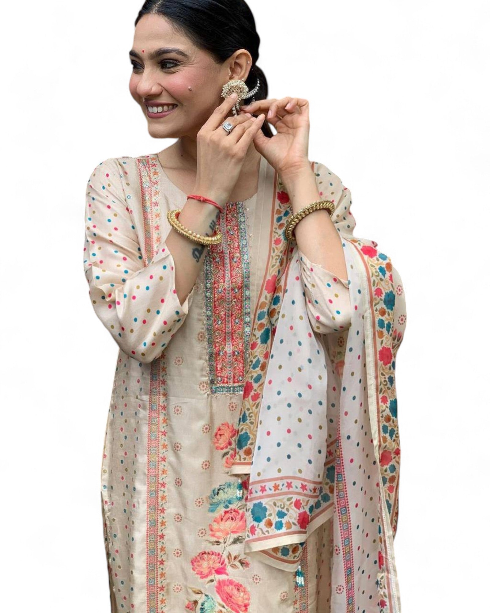 Elegant Multi-Print Satin Kurti Set with Heavy Stone Work