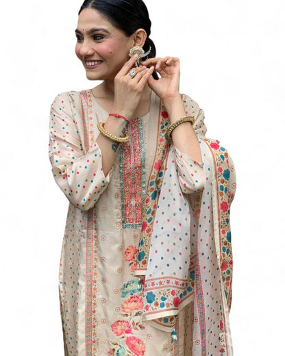 Elegant Multi-Print Satin Kurti Set with Heavy Stone Work