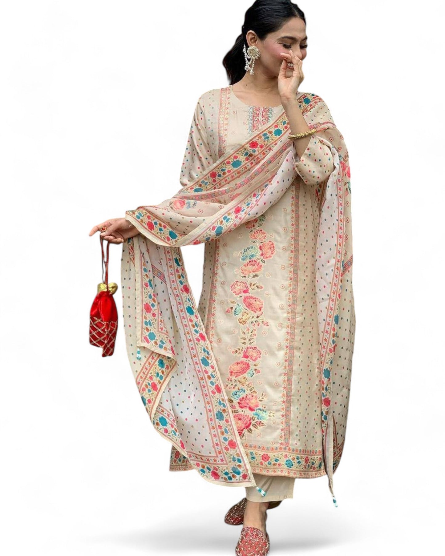 Elegant Multi-Print Satin Kurti Set with Heavy Stone Work