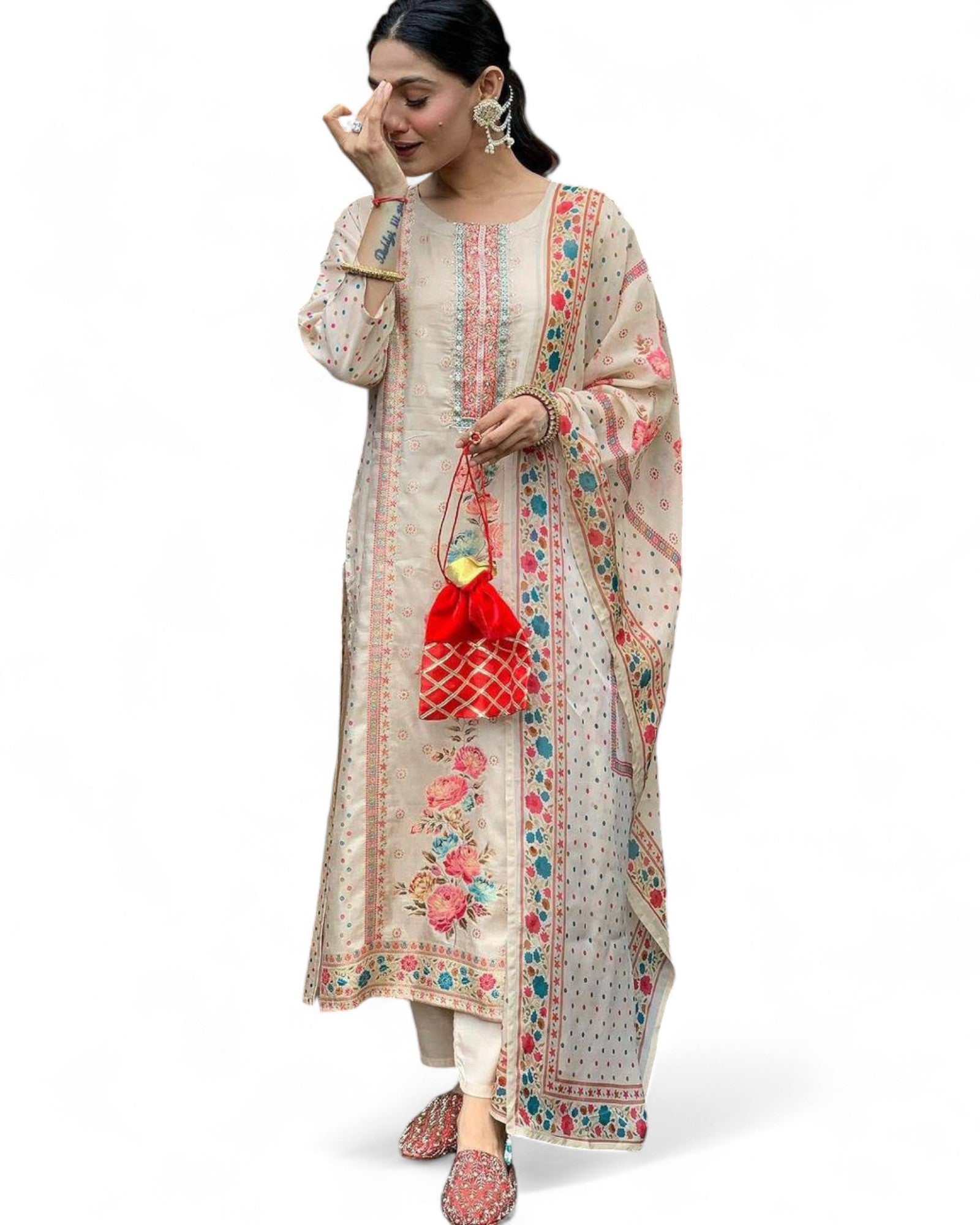 Elegant Multi-Print Satin Kurti Set with Heavy Stone Work