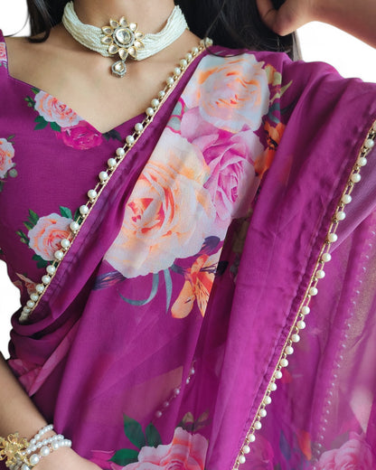 Georgette Floral Printed Pearl Lace Designer Saree Purple Free Size