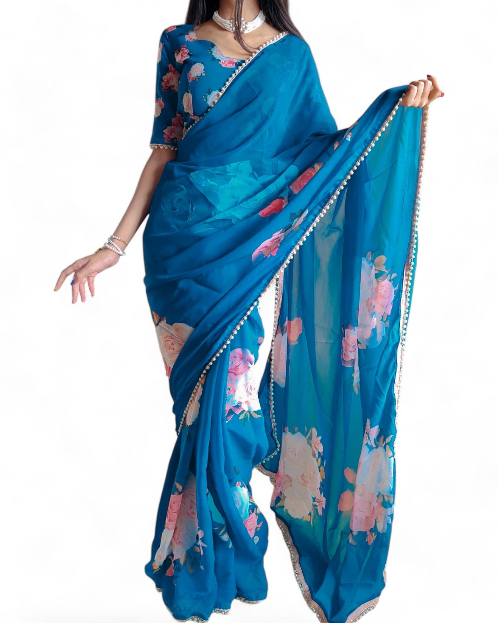 Georgette Floral Printed Pearl Lace Designer Saree