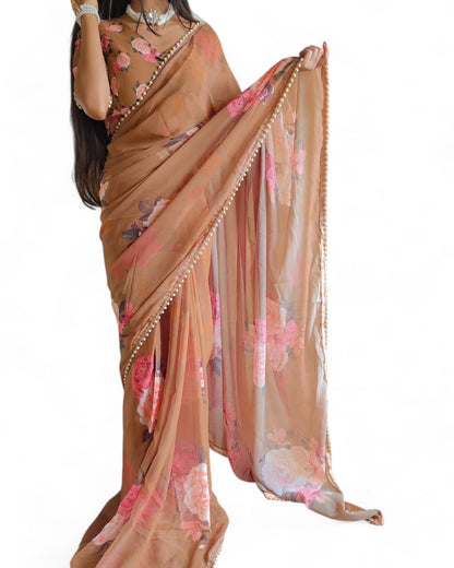 Georgette Floral Printed Pearl Lace Designer Saree
