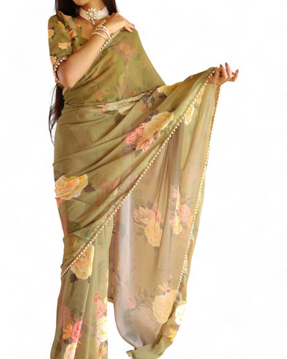 Georgette Floral Printed Pearl Lace Designer Saree