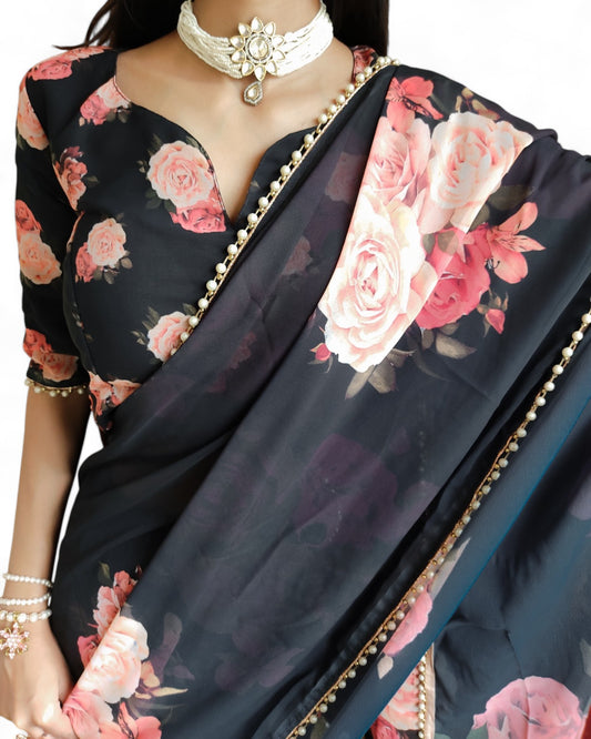 Georgette Floral Printed Pearl Lace Designer Saree Black Free Size