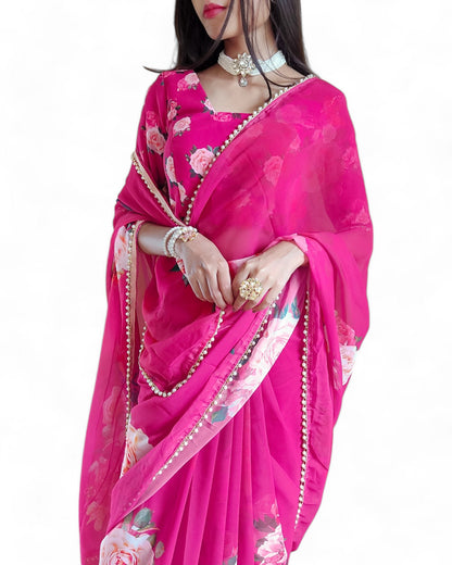 Georgette Floral Printed Pearl Lace Designer Saree