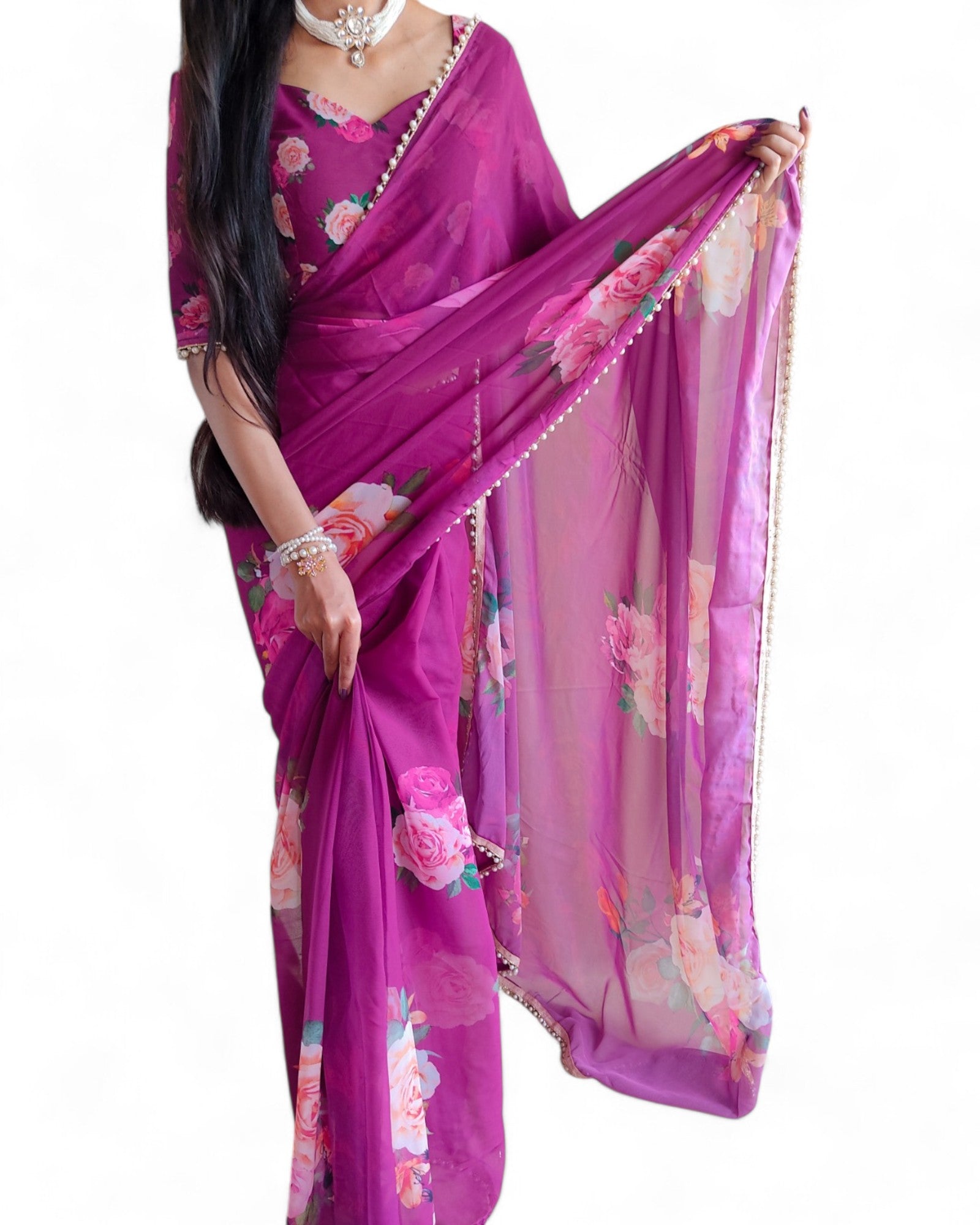 Georgette Floral Printed Pearl Lace Designer Saree