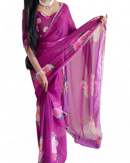 Georgette Floral Printed Pearl Lace Designer Saree