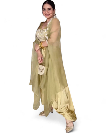Golden satin thread sequins work indowestern dhoti suit with shrug