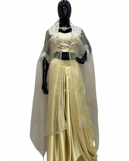 Golden satin thread sequins work indowestern dhoti suit with shrug
