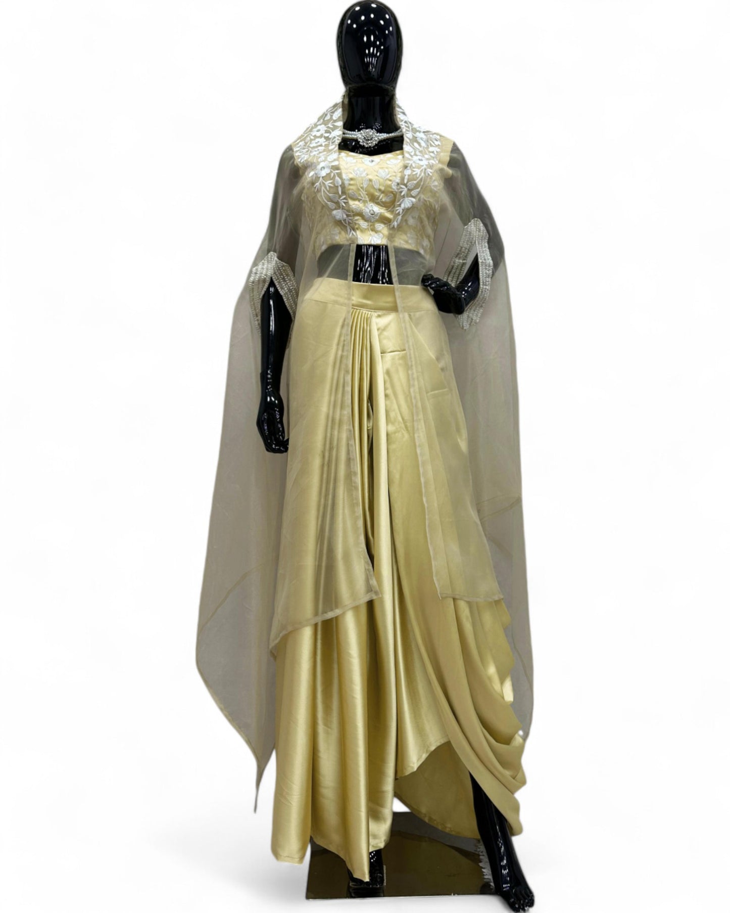 Golden satin thread sequins work indowestern dhoti suit with shrug