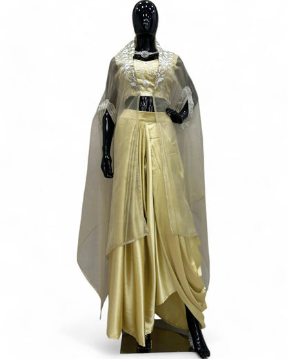 Golden satin thread sequins work indowestern dhoti suit with shrug