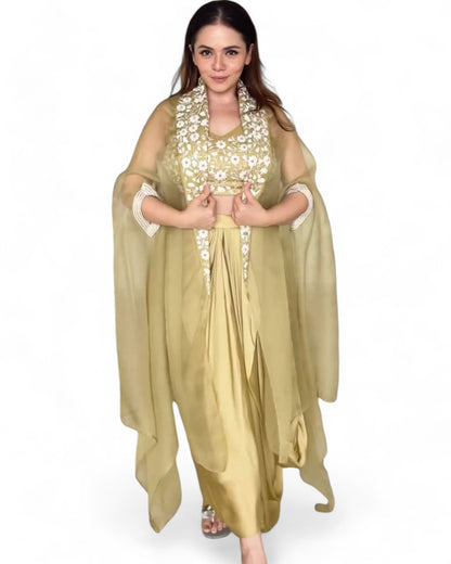 Golden satin thread sequins work indowestern dhoti suit with shrug