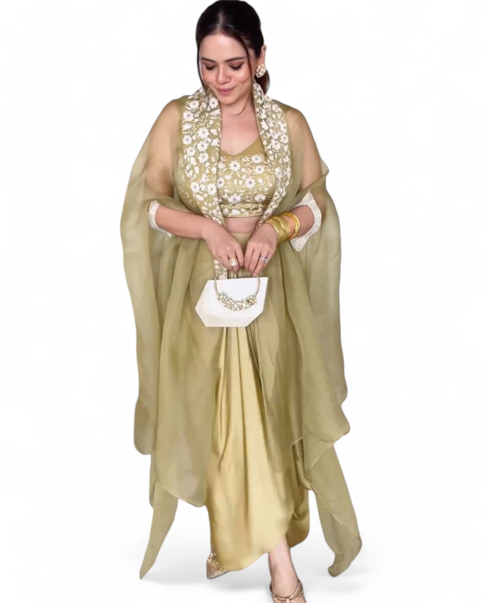 Golden satin thread sequins work indowestern dhoti suit with shrug