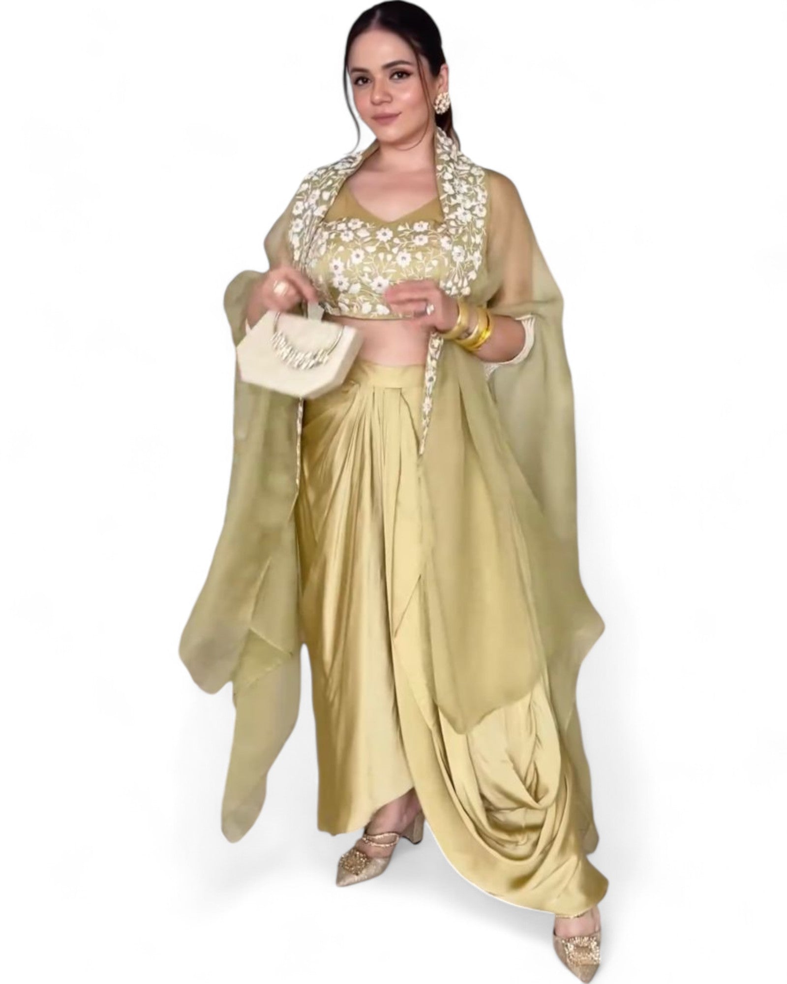 Golden satin thread sequins work indowestern dhoti suit with shrug