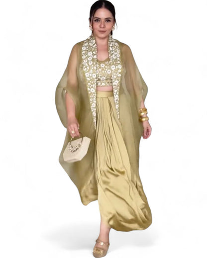 Golden satin thread sequins work indowestern dhoti suit with shrug