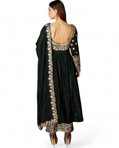 Green Heavy Velvet Embroidered Wedding Anarkali Palazzo Suit