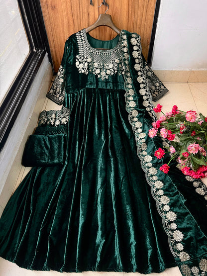 Green Heavy Velvet Embroidered Wedding Anarkali Palazzo Suit