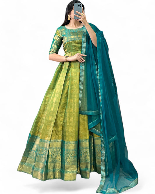 Kanjivaram Zari Weaving Work Stitched Gown with Net Dupatta Green Free Size