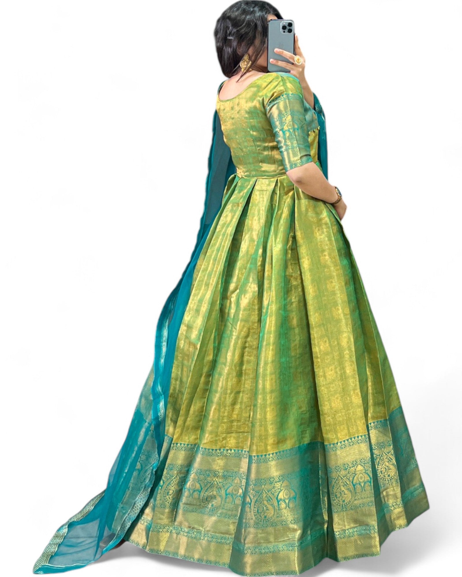 Kanjivaram Zari Weaving Work Stitched Gown with Net Dupatta