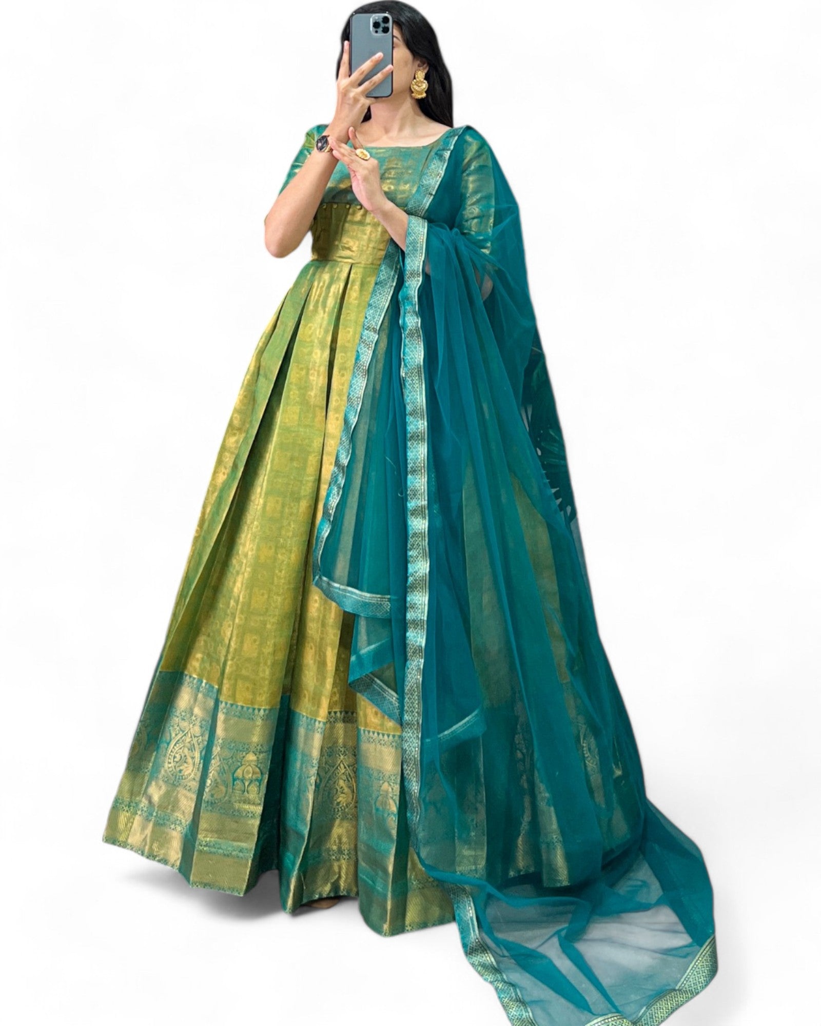 Kanjivaram Zari Weaving Work Stitched Gown with Net Dupatta