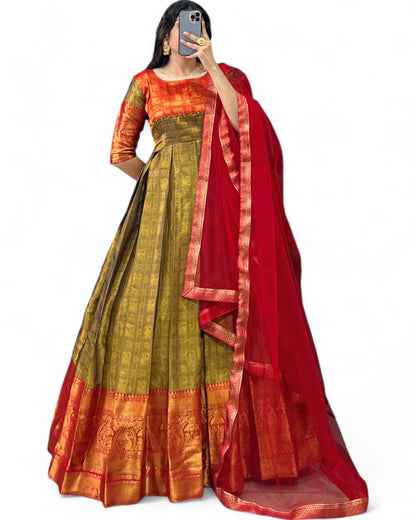 Kanjivaram Zari Weaving Work Stitched Gown with Net Dupatta Mehndi Green Free Size
