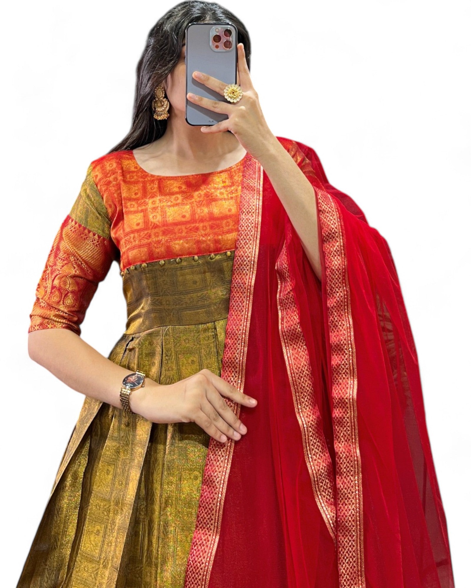 Kanjivaram Zari Weaving Work Stitched Gown with Net Dupatta