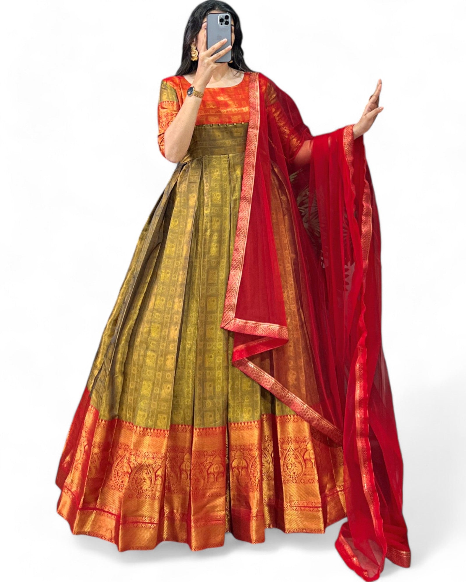 Kanjivaram Zari Weaving Work Stitched Gown with Net Dupatta