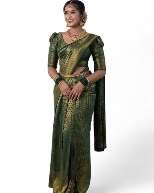 Green Soft Lichi Silk Saree with Rich Pallu and Jacquard Work