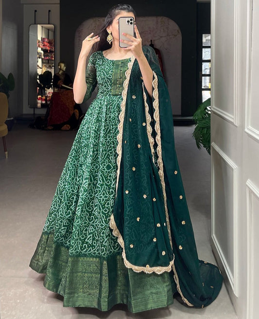 Green chanderi print weaving work designer stylish gown