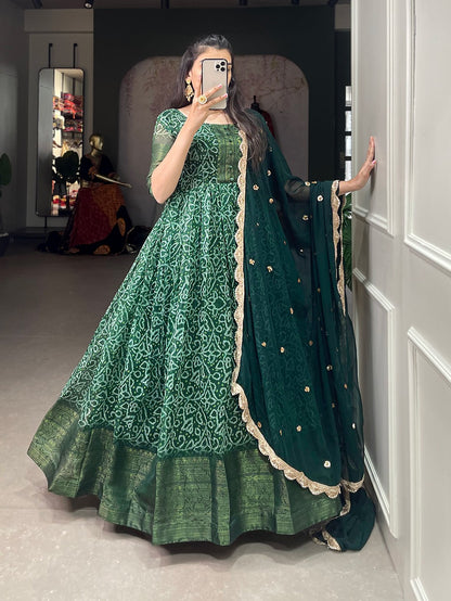 Green chanderi print weaving work designer stylish gown