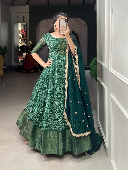 Green chanderi print weaving work designer stylish gown