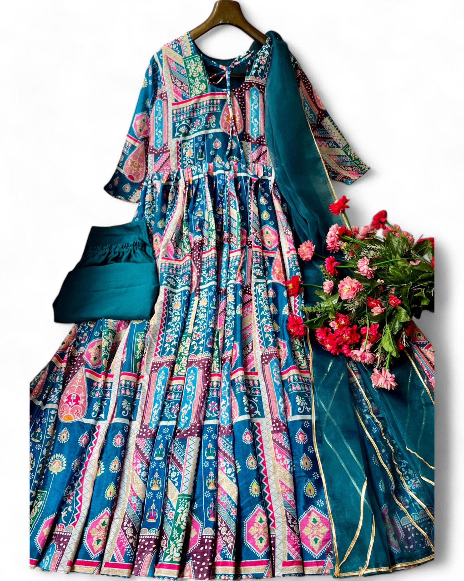 Green chinon silk printed party wear anarkali gown suit