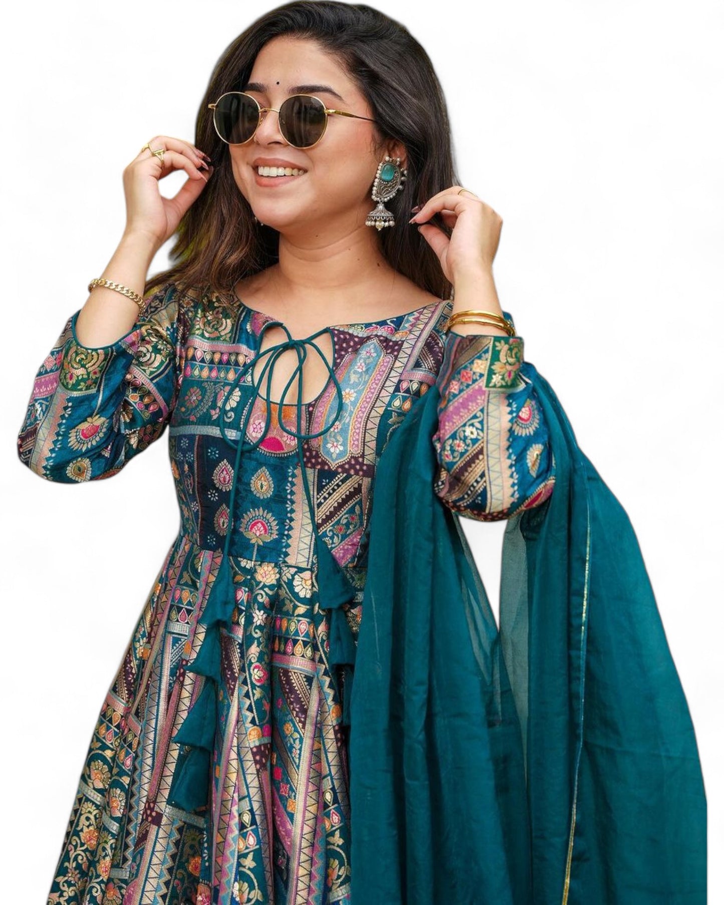 Green chinon silk printed party wear anarkali gown suit