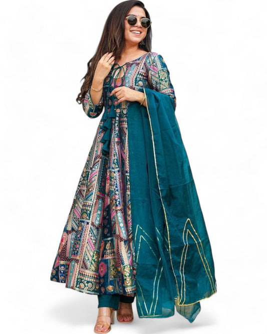 Green chinon silk printed party wear anarkali gown suit