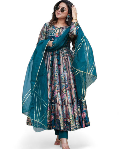 Green chinon silk printed party wear anarkali gown suit