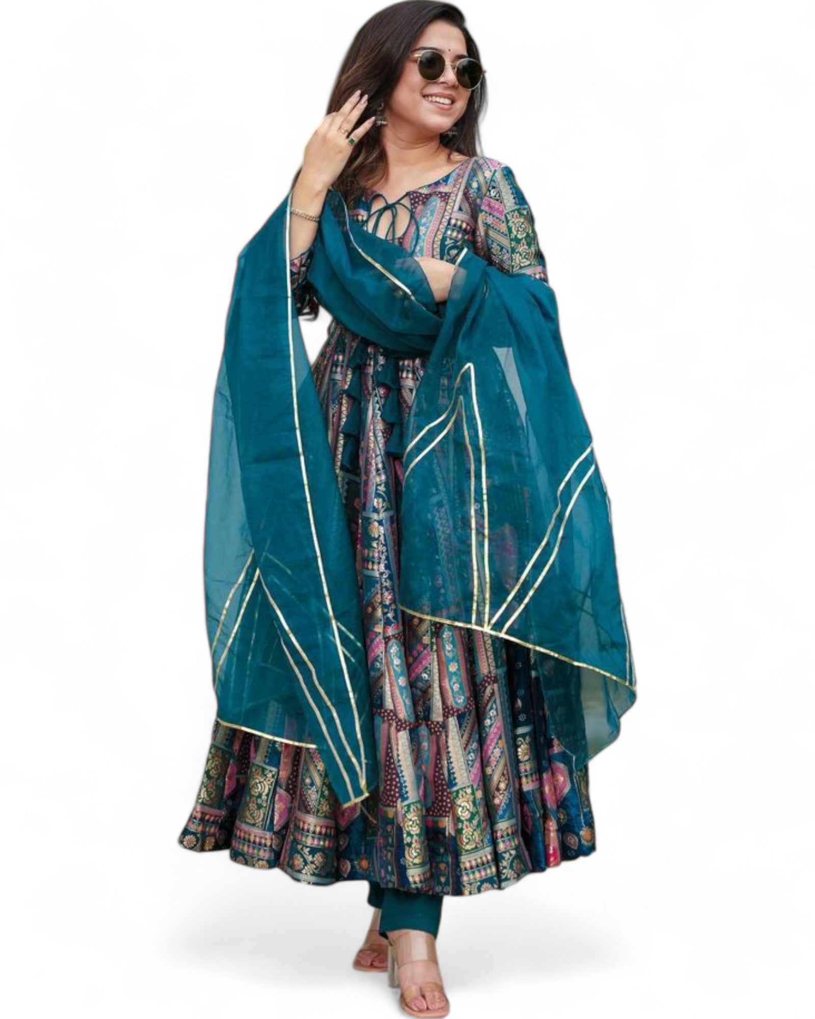 Green chinon silk printed party wear anarkali gown suit