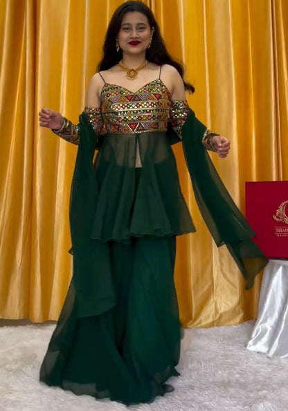 Green georgette designer indowestern palazzo suit