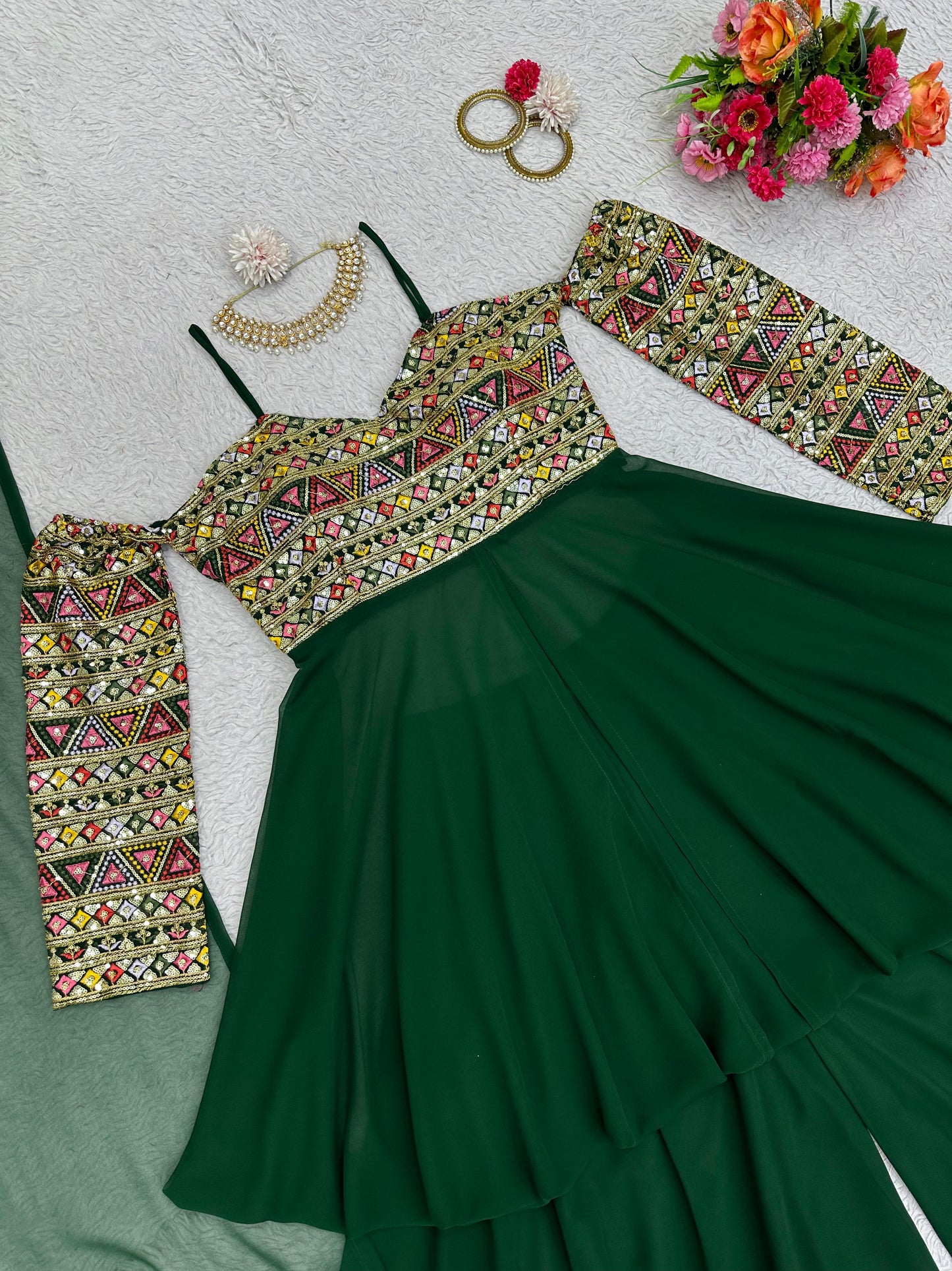 Green georgette designer indowestern palazzo suit