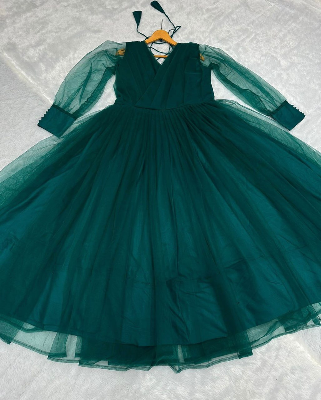 Green net heavy flair plain party wear gown
