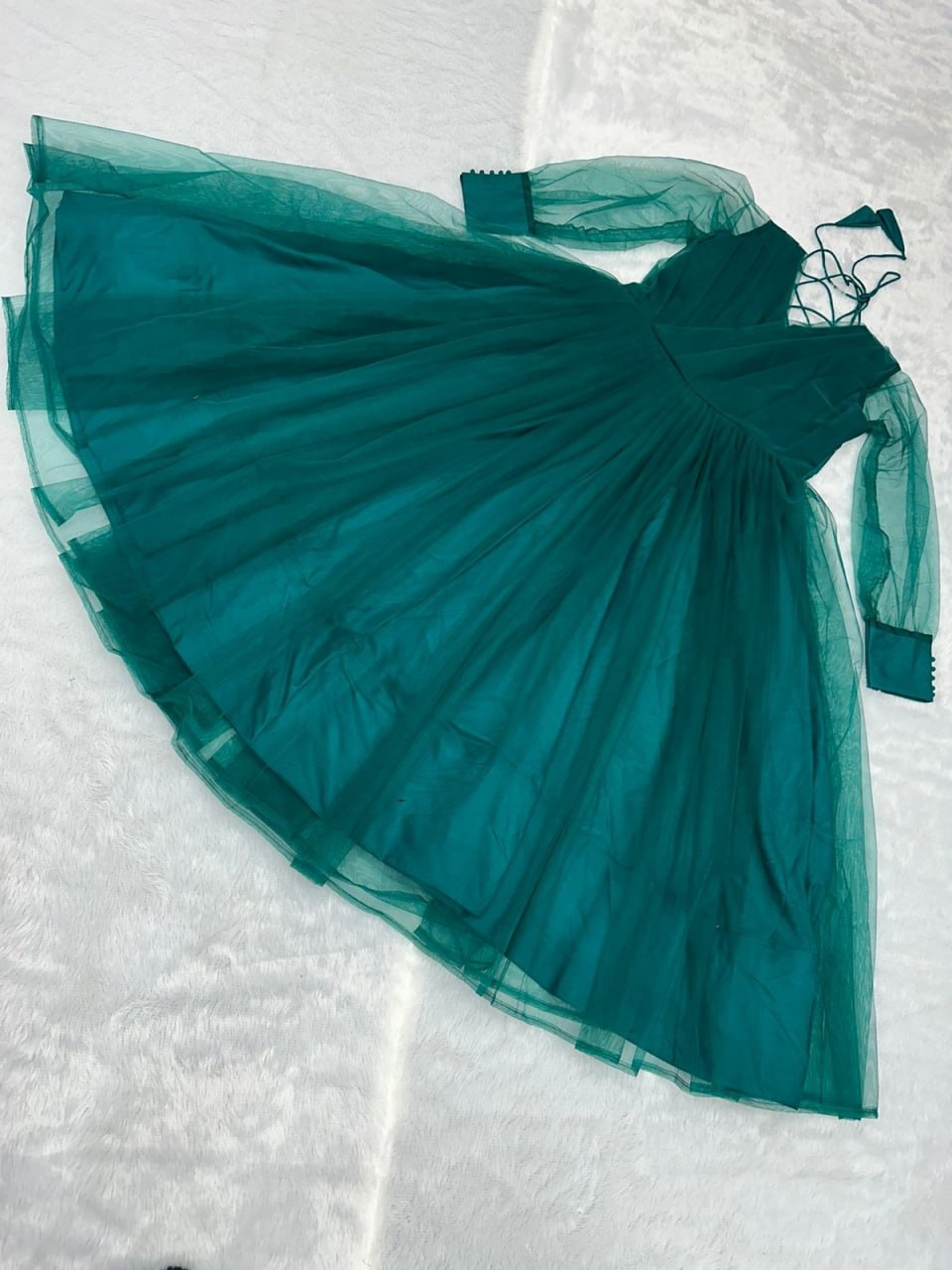 Green net heavy flair plain party wear gown