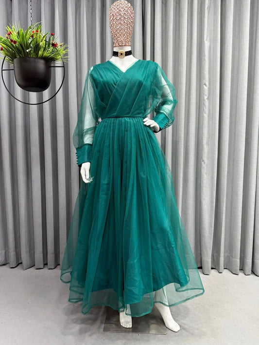 Green net heavy flair plain party wear gown