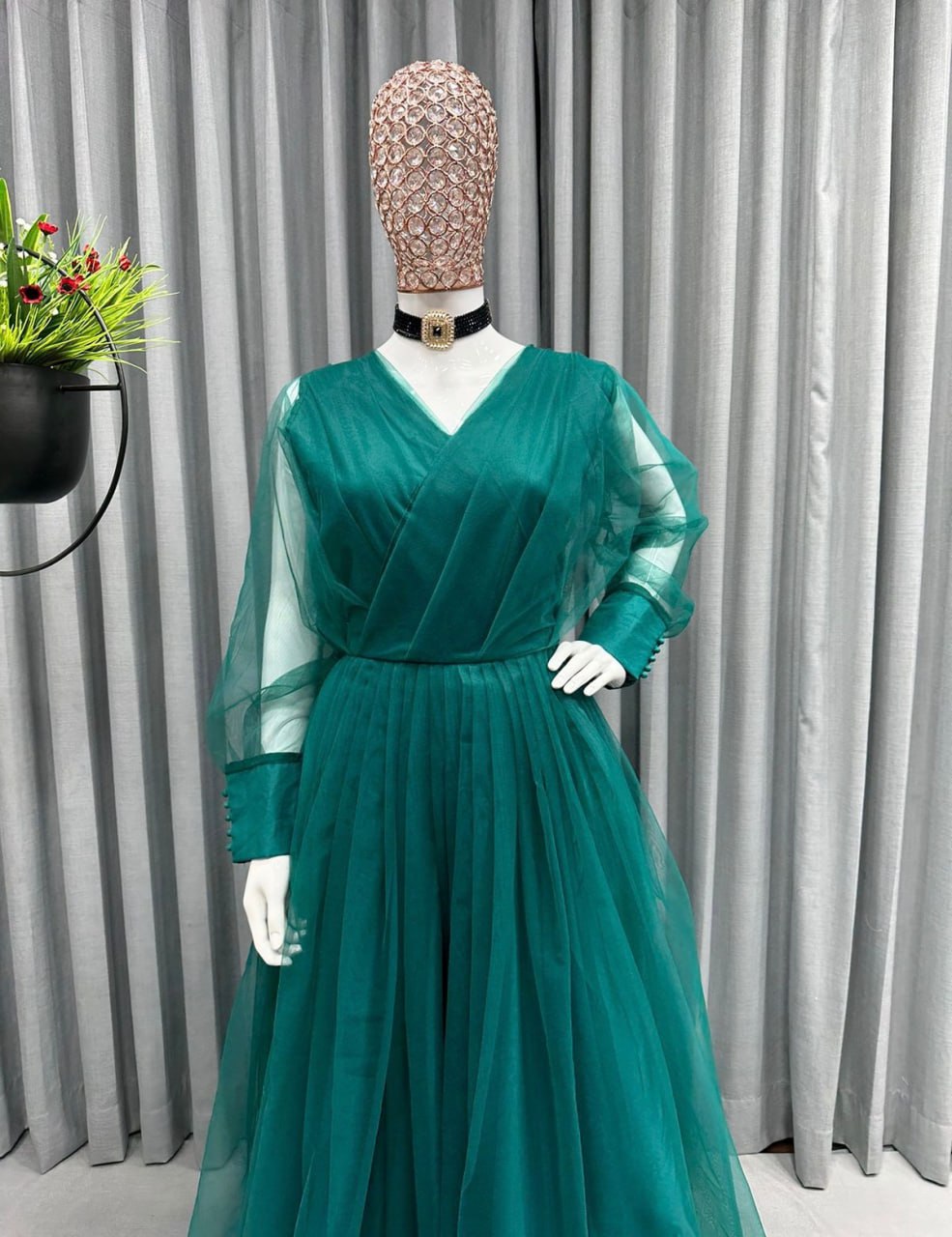 Green net heavy flair plain party wear gown