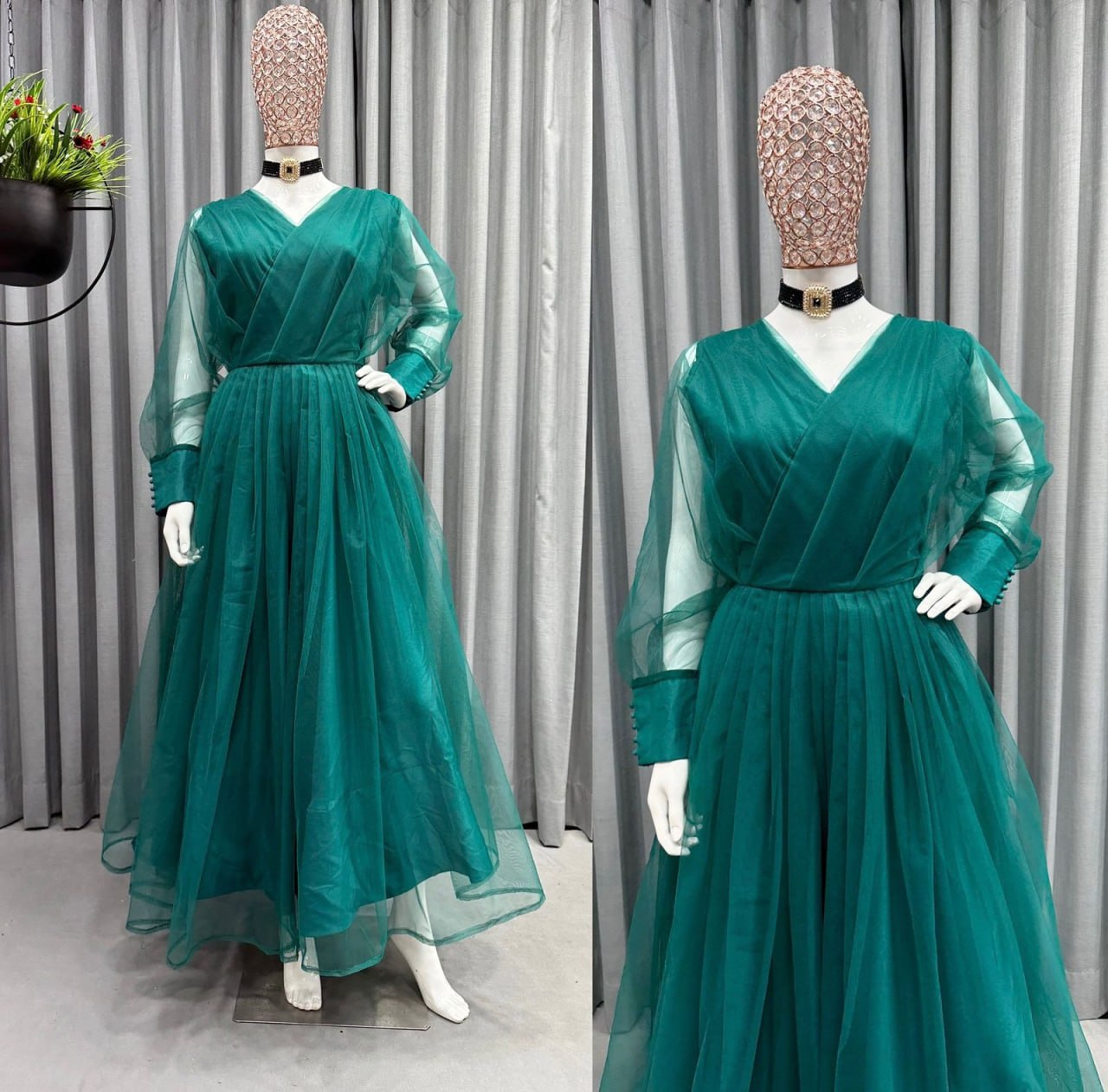 Green net heavy flair plain party wear gown