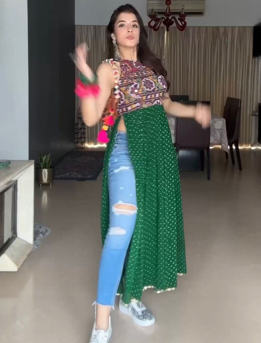 Georgette printed chainstitch work stylish kurti Green