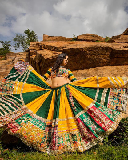 Green yellow cotton mirror work navratri lehenga chaniya choli