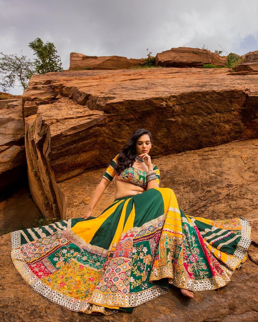 Green yellow cotton mirror work navratri lehenga chaniya choli